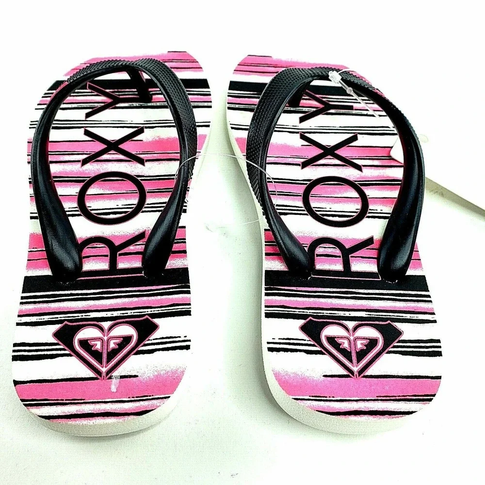 Roxy Girl Jujubee II Flip-Flops Sandals Black White Pink Stripe Size 12‎ NEW